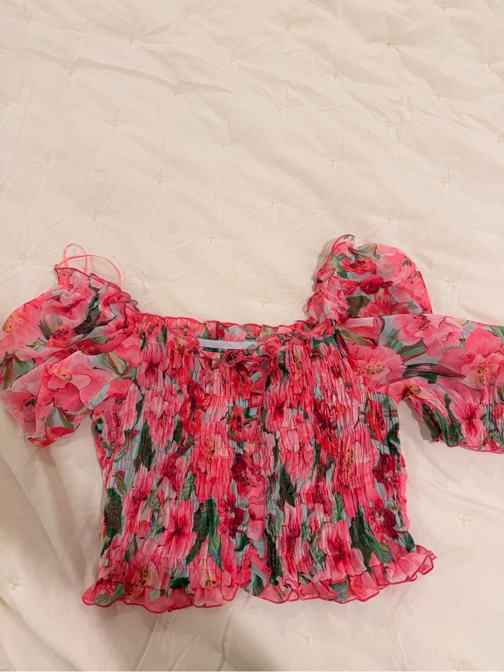 Zara Pink Floral Smocked Off-Shoulder Crop Top